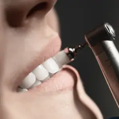 Zbliżenie na uśmiech pacjentki podczas zabiegu skaling zębów co to. Dentysta poleruje zęby.