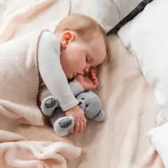 Słodki sen maluszka, ssanie kciuka u 3-miesięcznego dziecka, otulonego kocykiem z misiem.