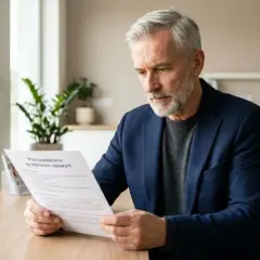Starszy mężczyzna w garniturze czyta dokument "Przeciwwskazania do implantów zębowych".
