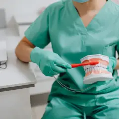 Dentysta pokazuje, jak myć zęby szczoteczką soniczną, używając modelu szczęki.
