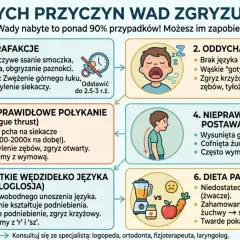 Ilustracja przedstawia 6 nabytych przyczyn wad zgryzu u dzieci: parafakcje, oddychanie ustami, nieprawidłowe połykanie, nieprawidłową postawę ciała, krótkie wędzidełko języka i dietę papkowatą.