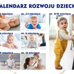 Kolekcja zdjęć dzieci w różnym wieku, od 1 miesiąca do 18 miesięcy, ilustrująca rozwój. Widać niemowlęta leżące, raczkujące i stojące, w tym jedno z zębami.