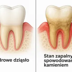 Porównanie zdrowego zęba z zębem z kamieniem nazębnym, który powoduje stan zapalny dziąseł. Czy kamień nazębny śmierdzi? Tak, może powodować nieprzyjemny zapach.