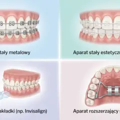 Korekcja krzywej żuchwy: aparaty metalowe, estetyczne, nakładki Invisalign i aparat Hyrax.