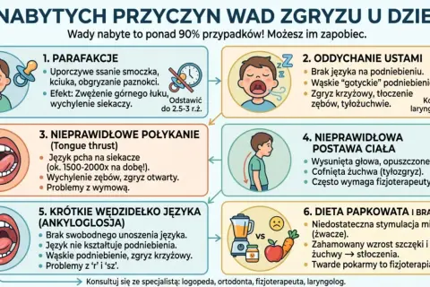 Ilustracja przedstawia 6 nabytych przyczyn wad zgryzu u dzieci: parafakcje, oddychanie ustami, nieprawidłowe połykanie, nieprawidłową postawę ciała, krótkie wędzidełko języka i dietę papkowatą.