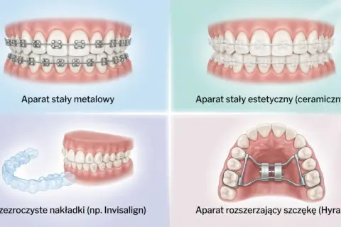 Korekcja krzywej żuchwy: aparaty metalowe, estetyczne, nakładki Invisalign i aparat Hyrax.