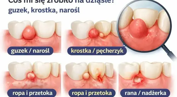 Ilustracja pokazuje różne zmiany na dziąsłach, od guzków po rany, które mogą powodować swędzenie dziąseł.