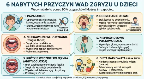 Ilustracja przedstawia 6 nabytych przyczyn wad zgryzu u dzieci: parafakcje, oddychanie ustami, nieprawidłowe połykanie, nieprawidłową postawę ciała, krótkie wędzidełko języka i dietę papkowatą.