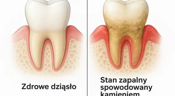 Porównanie zdrowego zęba z zębem z kamieniem nazębnym, który powoduje stan zapalny dziąseł. Czy kamień nazębny śmierdzi? Tak, może powodować nieprzyjemny zapach.
