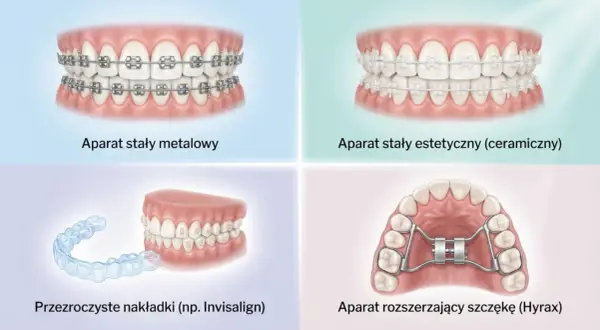 Korekcja krzywej żuchwy: aparaty metalowe, estetyczne, nakładki Invisalign i aparat Hyrax.