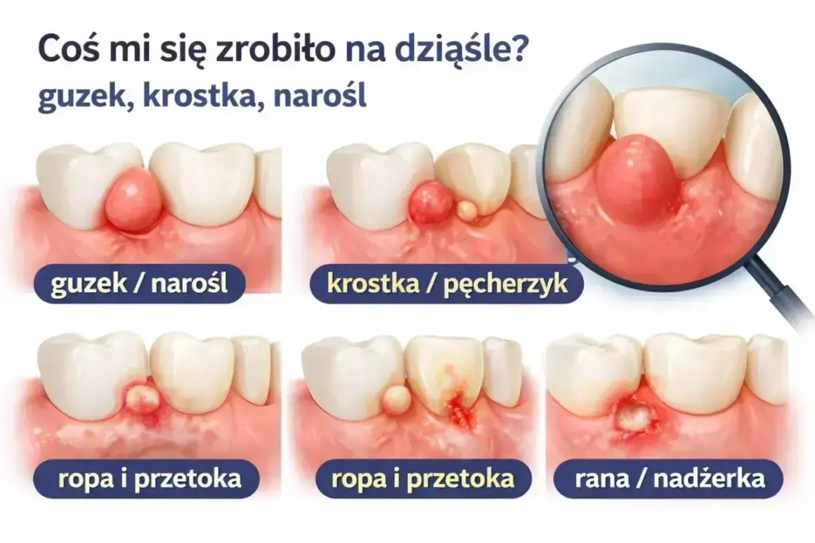 Ilustracja pokazuje różne zmiany na dziąsłach, od guzków po rany, które mogą powodować swędzenie dziąseł.