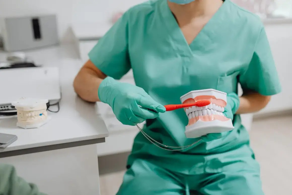Dentysta pokazuje, jak myć zęby szczoteczką soniczną, używając modelu szczęki.