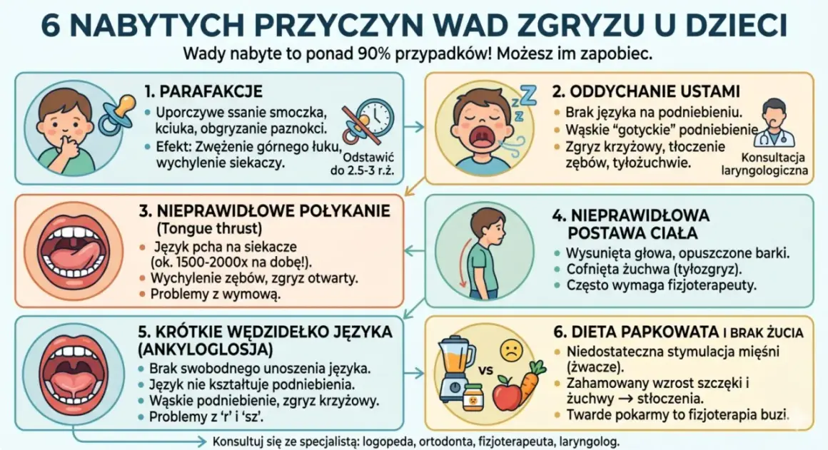 Ilustracja przedstawia 6 nabytych przyczyn wad zgryzu u dzieci: parafakcje, oddychanie ustami, nieprawidłowe połykanie, nieprawidłową postawę ciała, krótkie wędzidełko języka i dietę papkowatą.