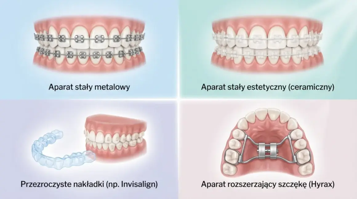 Korekcja krzywej żuchwy: aparaty metalowe, estetyczne, nakładki Invisalign i aparat Hyrax.
