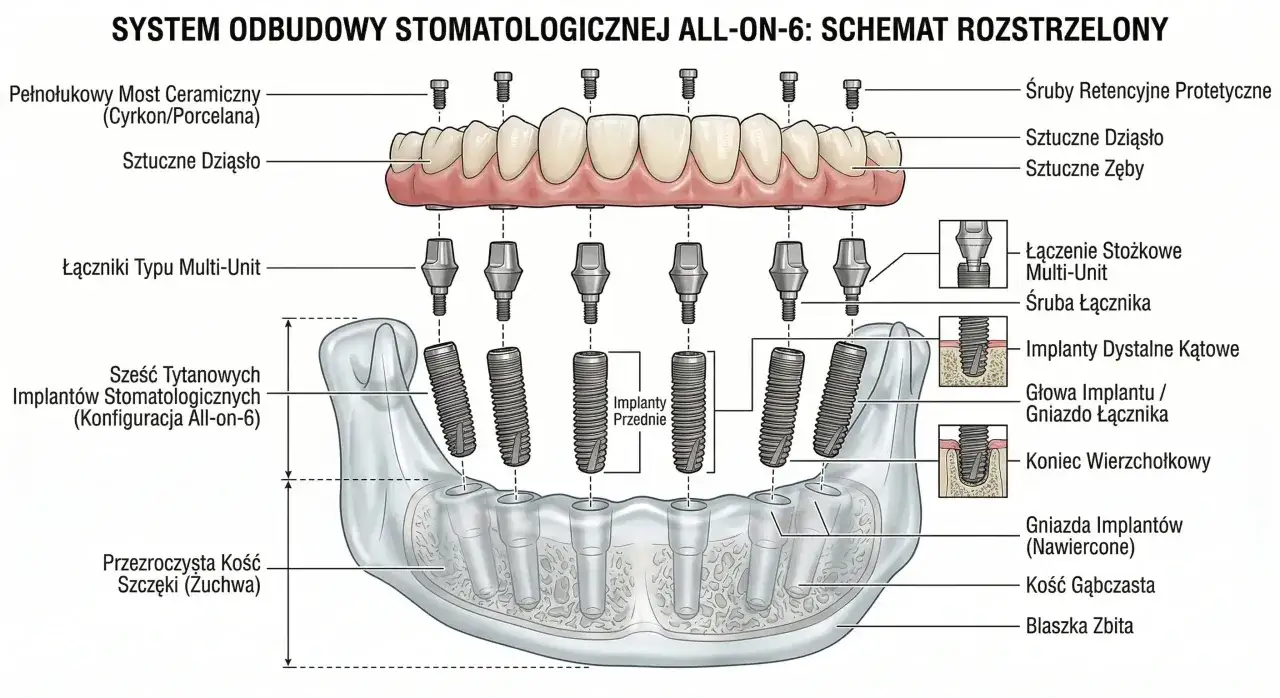 Schemat odbudowy stomatologicznej All-on-6: jak wygląda mostek na zębach, mocowany na sześciu implantach w kości szczęki.
