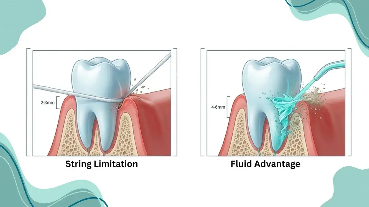 Ilustracja pokazuje, jak działa irygator, wypłukując resztki jedzenia z przestrzeni międzyzębowych, co jest bardziej efektywne niż nić dentystyczna.
