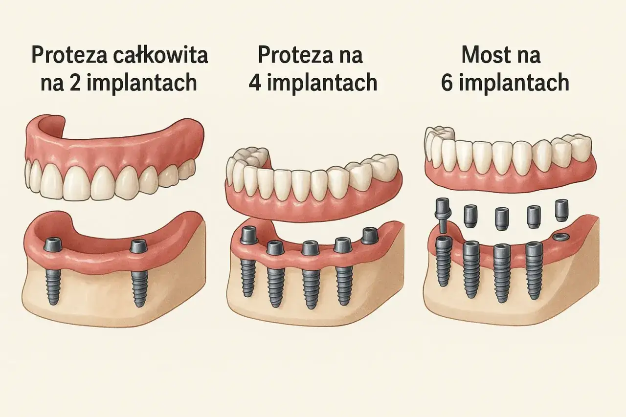 Mam 30 lat i nie mam zęb&oacute;w. Ilustracja pokazuje protezy zębowe na 2, 4 i 6 implantach.