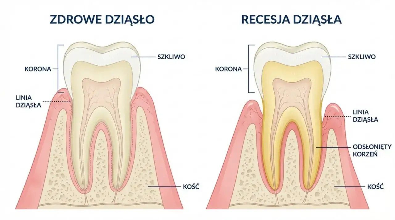 Por&oacute;wnanie zdrowego dziąsła z recesją. W przypadku recesji widoczny jest odsłonięty korzeń zęba, co może być oznaką pr&oacute;chnicy przy dziąśle.