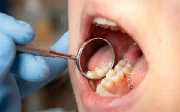 Dentysta bada zęby, widoczna próchnica przy dziąśle.