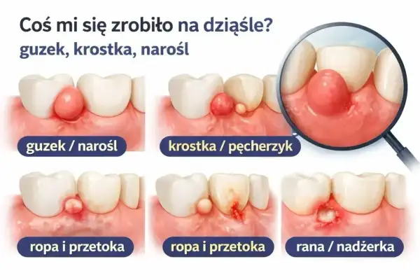 Guzek, krostka, ropień na dziąśle. Czy lekarstwo w zębie boli? Ilustracje pokazują różne zmiany przyzębia.
