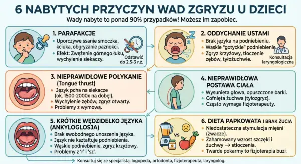 Ilustracja przedstawia 6 nabytych przyczyn wad zgryzu u dzieci: parafakcje, oddychanie ustami, nieprawidłowe połykanie, nieprawidłową postawę ciała, krótkie wędzidełko języka i dietę papkowatą.