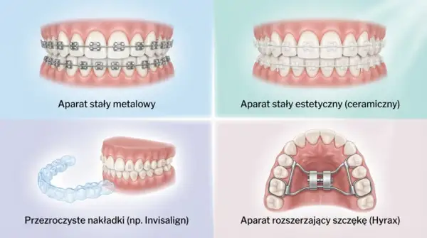 Korekcja krzywej żuchwy: aparaty metalowe, estetyczne, nakładki Invisalign i aparat Hyrax.